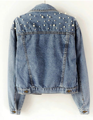 Custom Casual Embroidered Pearls Beading Denim Jacket